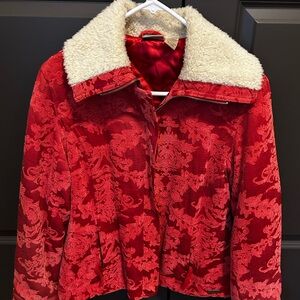 Ruff Hewn Red Floral Teddy Jacket with Shearling Collar